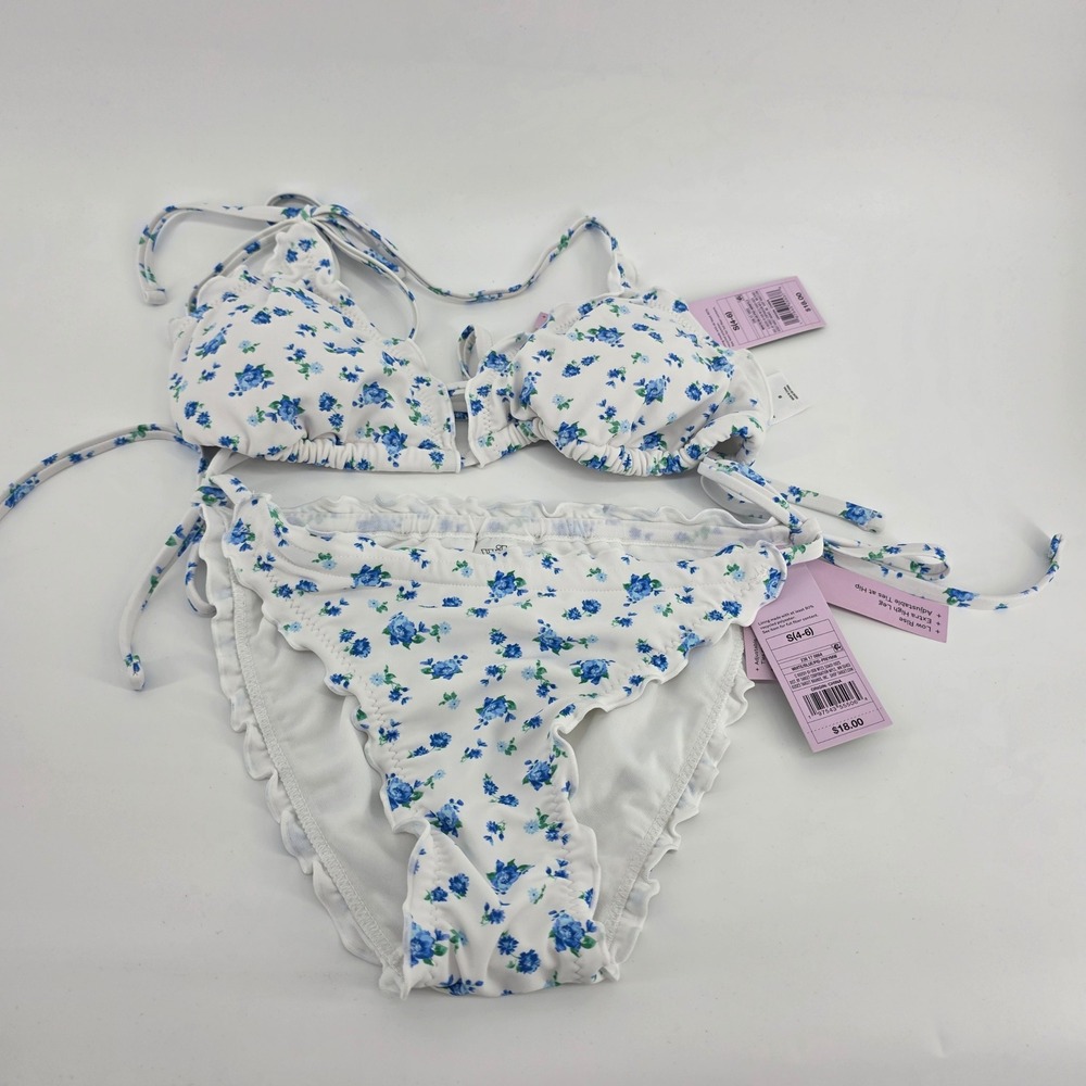 Wild Fable Blue Floral Ruffle Bikini Set White Triangle Top High Leg Bottom S